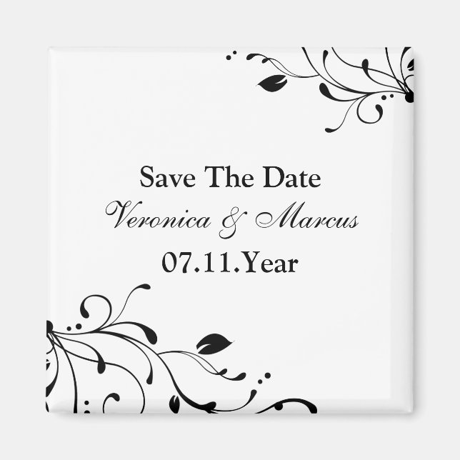 Black & White Floral Decal Save The Date Magnet (Front)