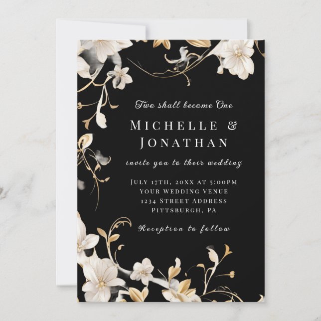 Black White Floral Elegant Christian Bible Wedding Invitation (Front)