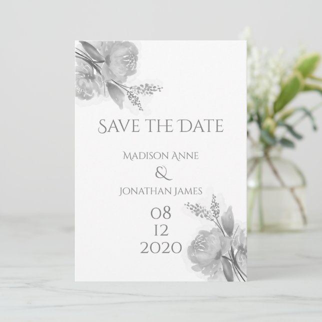 Black & White Floral Elegant Personalized Pretty Save The Date (Standing Front)