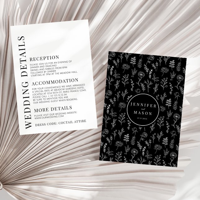 Black white floral elegant wedding details cards (Creator Uploaded)