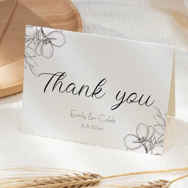 Black & White Floral Frame Line Art Thank You Card (black and white floral drawn thank you wedding card script writing)
