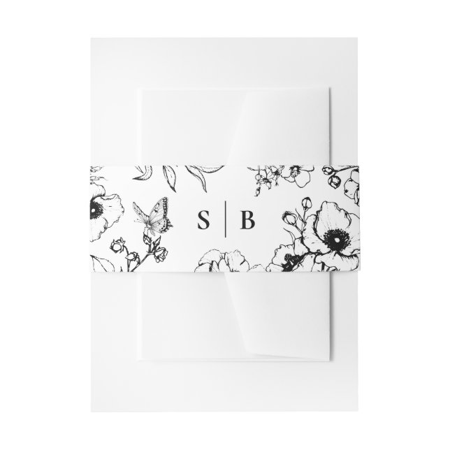 Black | White Floral Garden Monogram Wedding Invitation Belly Band (Front Example)