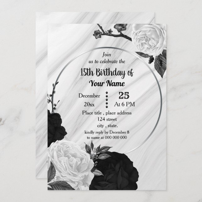 Black & white floral geometric birthday party invitation (Front/Back)
