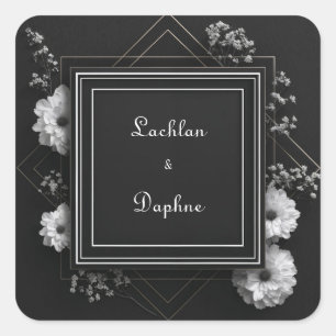 Black White Floral Gold Geometric Monochromatic Square Sticker