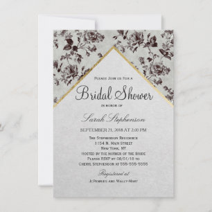 Black & White Floral & Gold Trim Recycled Paper Invitation