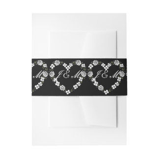 Black White Floral Heart Wedding Invitation Belly Band
