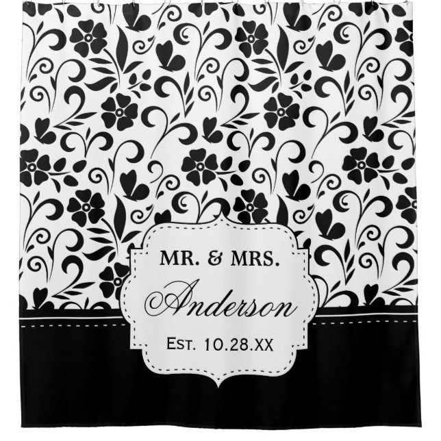 Black White Floral Just Married Wedding Date (Front)