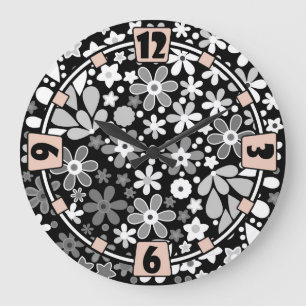 black white floral large clock