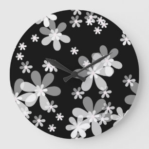 black white floral large clock