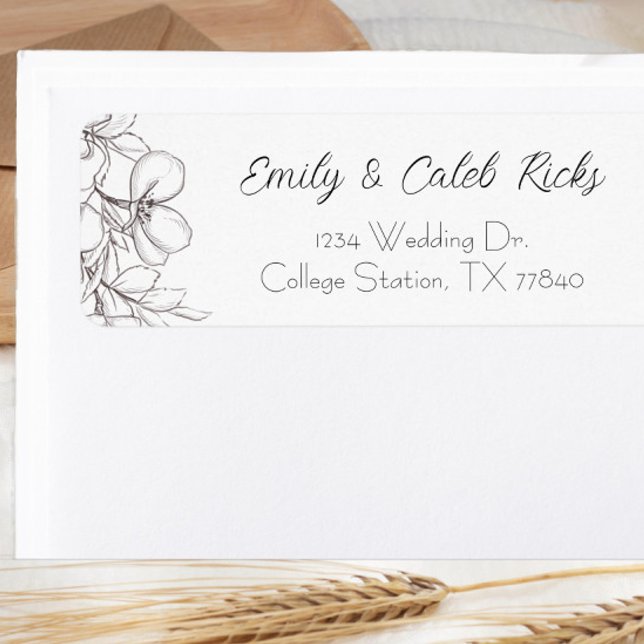 Black & White Floral Line Art Return Address (black and white script wedding return address label flower)