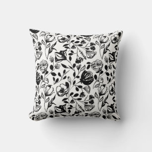 Black White Floral Line Hand Drawn Trendy Throw Pillow