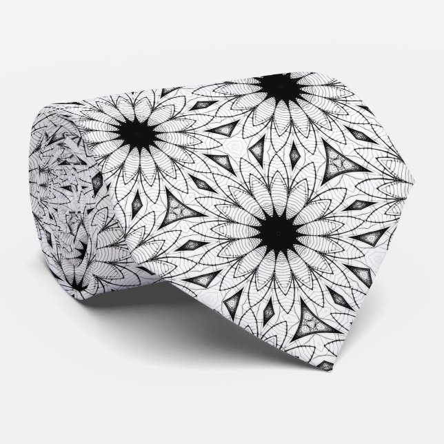Black White Floral Mandala Pattern Necktie (Rolled)
