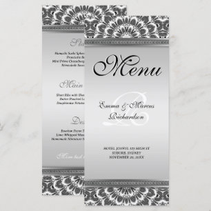 Black White Floral Mandala Wedding Menu Card