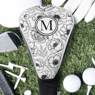 Black White Floral Monogram Golf Head Cover