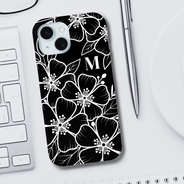 Black White Floral Monogram Initial Case-Mate iPhone Case (Chic Black White Floral Monogram Initial iPhone 15 Case)