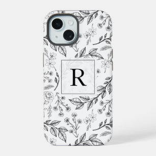 Black White Floral Monogram  iPhone 15 Case