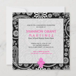 Black & White Floral Paisley -Elegant Grad Invite