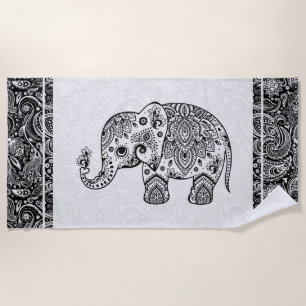 Black & White Floral Paisley Elephant Beach Towel