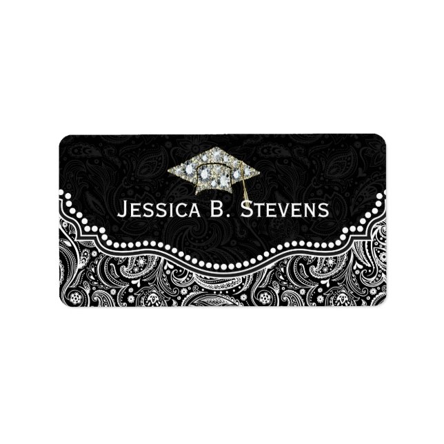 Black & White Floral Paisley Graduation Hat Label (Front)