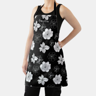Black & White Floral Pattern Monogram  Apron