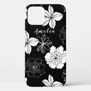 Black & White Floral Pattern Monogram iPhone 12 Case