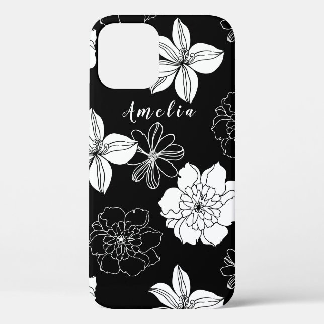 Black & White Floral Pattern Monogram Case-Mate iPhone Case (Back)