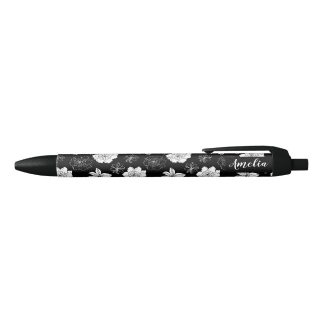 Black & White Floral Pattern Monogram Ink Pen (Top)