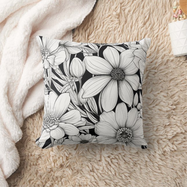 Black & White Floral Pattern Throw Pillow (Blanket)