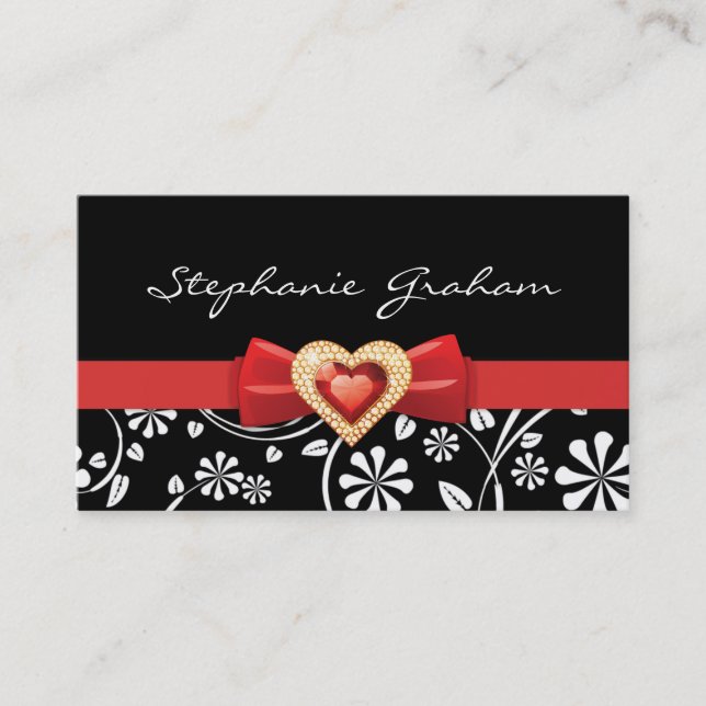 Black white floral pattern with red bow and jewel business card (Front)