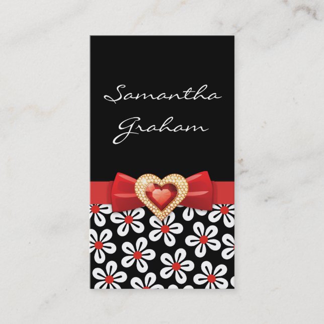 Black white floral pattern with red bow and jewel business card (Front)