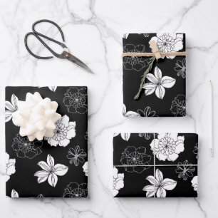 Black & White Floral Pattern Wrapping Paper Sheet