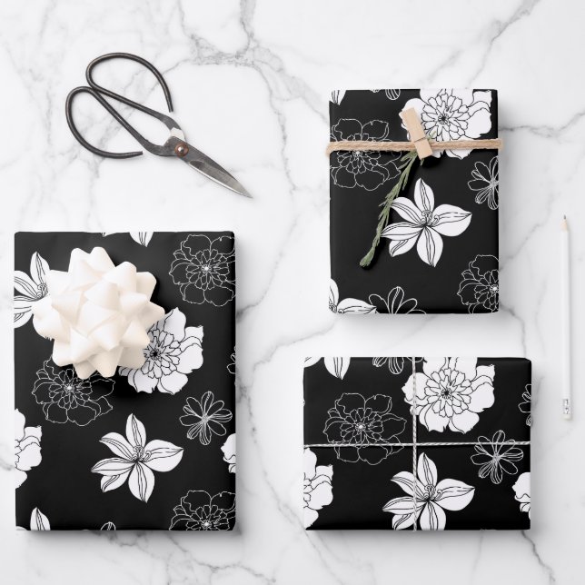 Black & White Floral Pattern Wrapping Paper Sheet (Front)