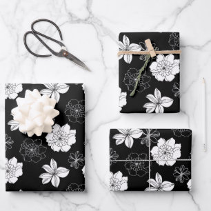 Black & White Floral Pattern Wrapping Paper Sheet