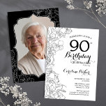 Black White Floral Photo 90th Birthday Party Invitation<br><div class="desc">Black white floral 90th Birthday party invitation with your photo at the back of the card. Minimalist modern design featuring botanical outline drawings accents and typography script font. Simple trendy invite card perfect for a stylish female bday celebration. Can be customized to any age. Printed Zazzle invitations or instant download...</div>