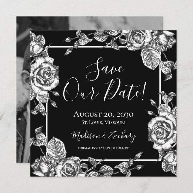 Black White Floral Photo Save Our Date Invitation (Front/Back)