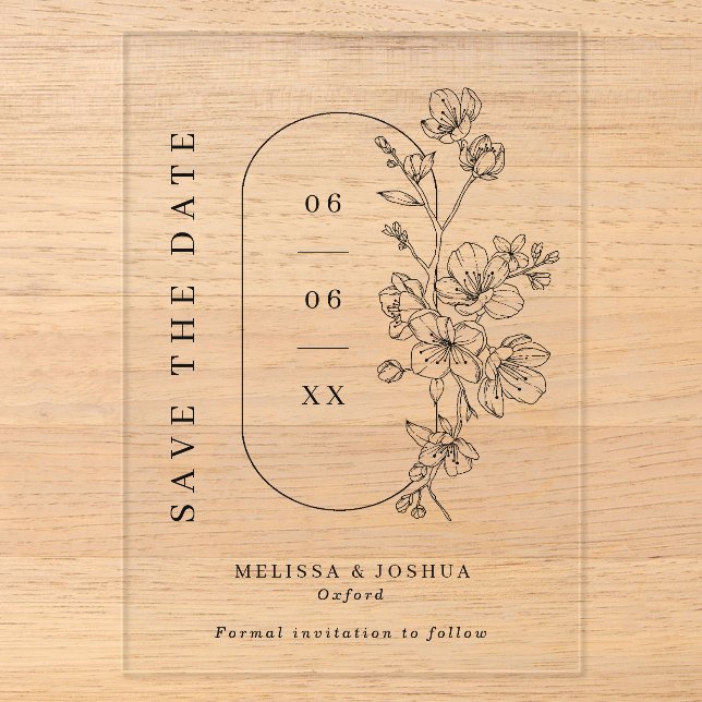 Black & White Floral Photo Wedding Save the Date Acrylic Invitations (Front)