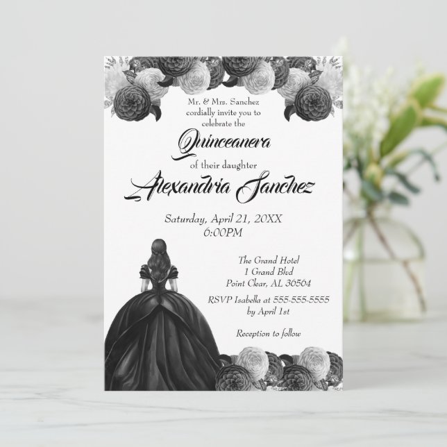 Black & White Floral Quinceanera Invitation (Standing Front)