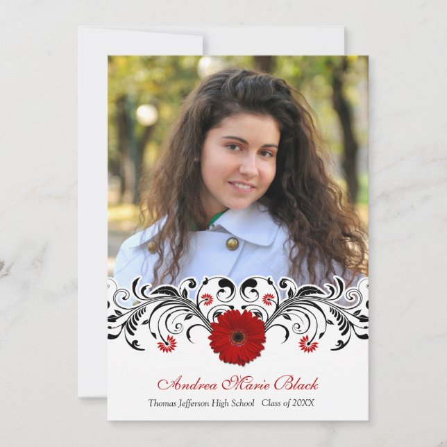 Black White Floral Red Daisy Graduation Invitation (Devant)