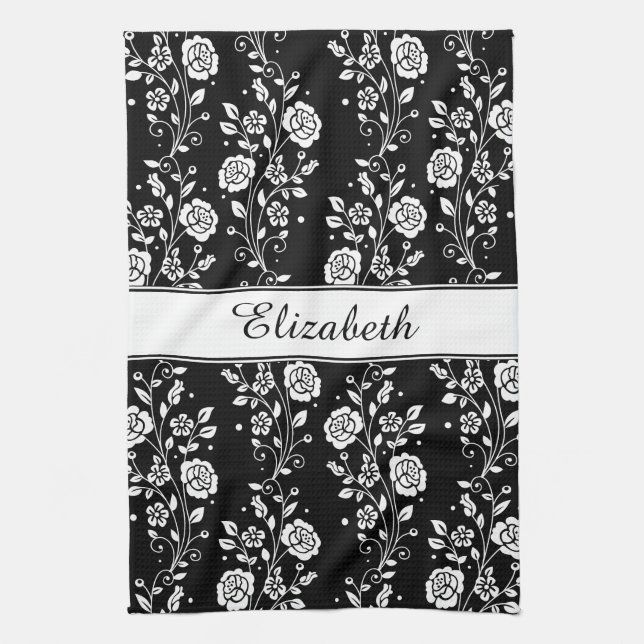 Black & White Floral Rose Pattern Name Print Kitchen Towel (Vertical)