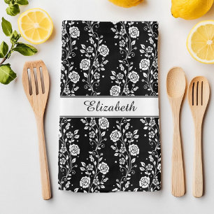Black & White Floral Rose Pattern Name Print Kitchen Towel