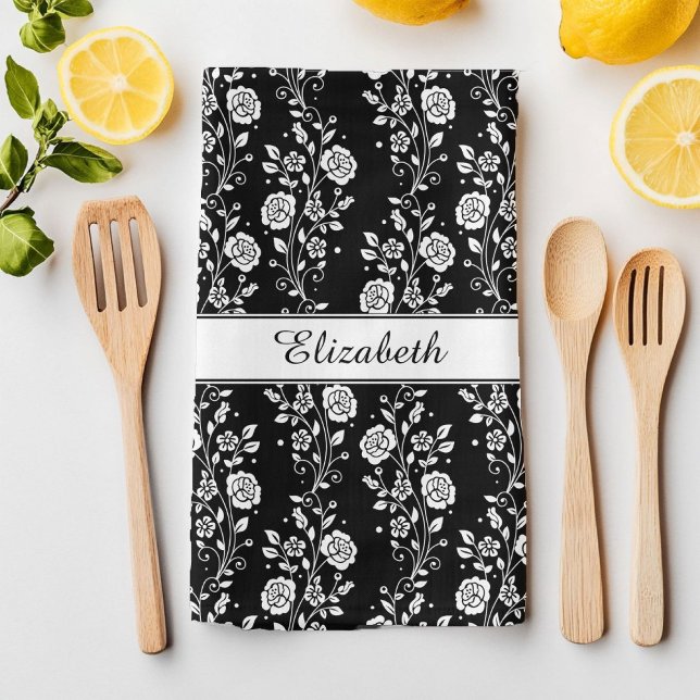 Black & White Floral Rose Pattern Name Print Kitchen Towel (Black & White Floral Rose Pattern Name Print Kitchen Towel)