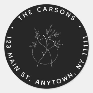 Black & White Floral Round Return Address Label