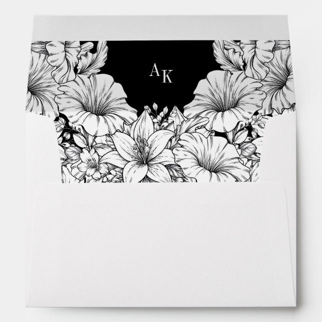  Black White Floral Rustic Monogram Wedding Envelope (Back (Bottom))