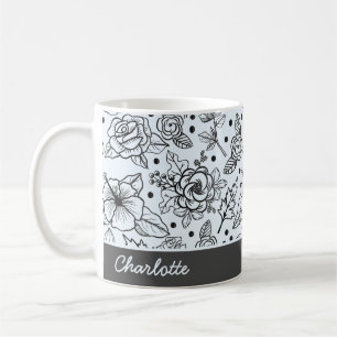 Black & white floral seamless pattern with name  coffee mug