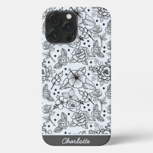 Black & white floral seamless pattern with name iPhone 13 pro max case