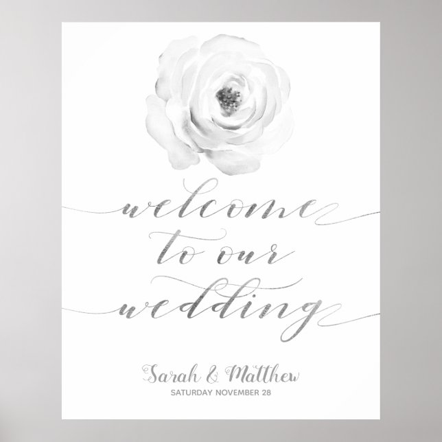 Black White Floral Silver Welcome To Our Wedding Poster (Front)