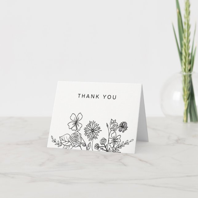Black White Floral Simple Generic Thank You Card (Front)