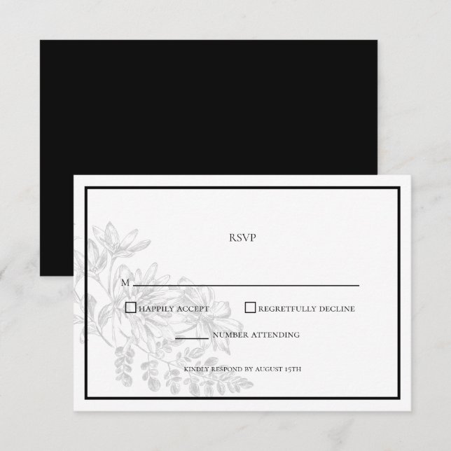 Black White Floral Simple Wedding RSVP Card (Front/Back)
