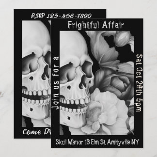 Black & White Floral Skull Halloween Invitation