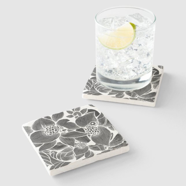 Black White floral Stone Coaster (Side)